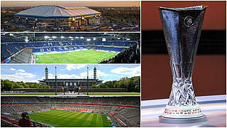 Finalspielorte der Europa League: Gelsenkirchen, Duisburg, Köln und Düsseldorf (v.o.) © getty images/Collage DFB