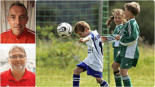 Lars Weirauch (l.o.) und Oliver Deutscher (l.u.) im Gespräch über Kinderschutz im Fußball © TSV Tettnang/WFV/imago/Collage DFB