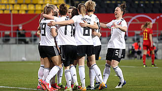 Germany women celebrate a 2-0 win over Belgium.  © 