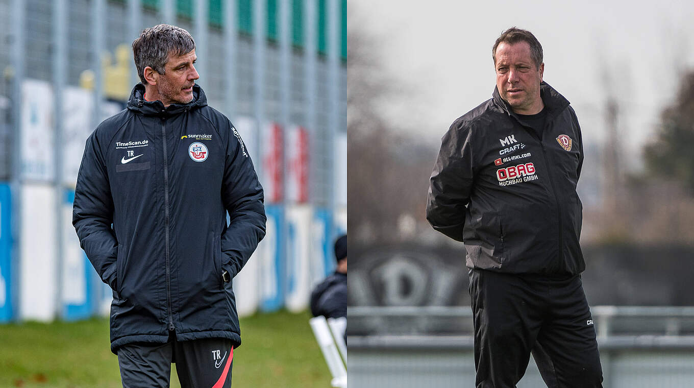 Trainerduell: Rostocks Jens Härtel (l.) und Dresdens Markus Kauczinski © imago