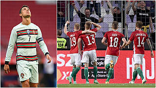 Frust und Freude: Cristiano Ronaldo (li.) ist enttäuscht, Ungarn bejubelt den Siegtreffer © Collage/ Getty Images