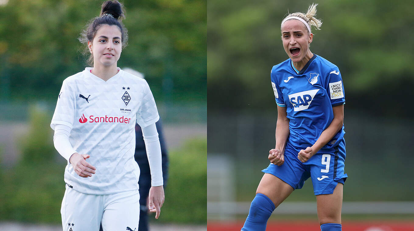 Torjägerduell: Gladbachs Sarah Abu Sabbah gegen Hoffenheims Vanessa Leimenstoll (r.) © imago Collage DFB