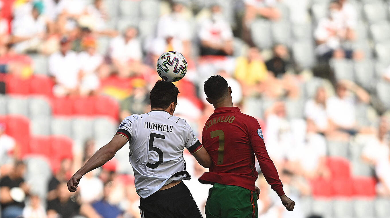 Mats Hummels battles Cristiano Ronaldo in the air. © GettyImages