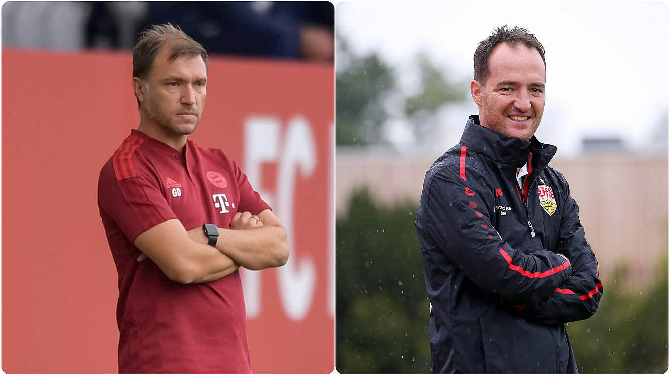 Süd-Gipfel auch ein Trainerduell: Bayerns Danny Galm (l.) gegen Nico Willig vom VfB © imago/Collage DFB.de