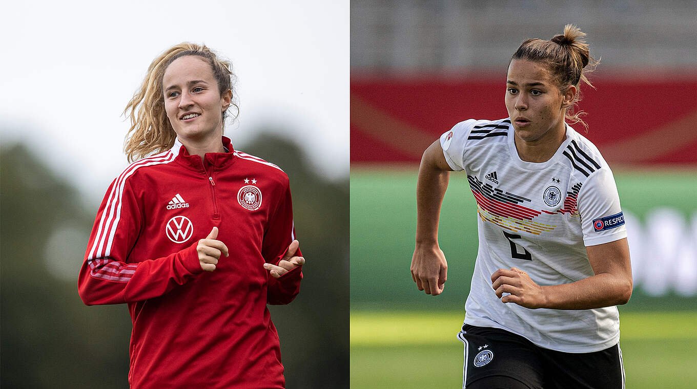 Lena Oberdorf (r.) kann gegen Israel nicht spielen: Fabienne Dongus ist stattdessen dabei © Bilder: Getty Images/Thomas Boecker, Collage: DFB.de
