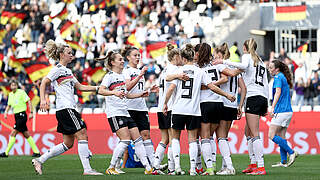 Fourth game, fourth win: Germany celebrate scoring in Essen © DFB/Maja Hitij/Getty Images
