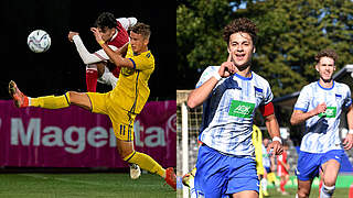 Knipserduell: Hannovers Stürmer Elton Krasniqi (l.v.) gegen Herthas Leander Popp (r.) © imago Collage DFB