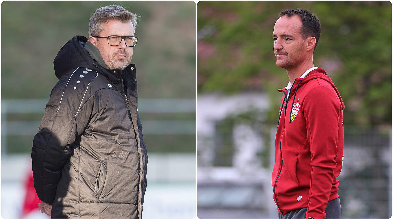 Peilen beide das Viertelfinale an: Bayer-Coach Hübscher (l.) und Willig vom VfB © imago/Collage DFB.de