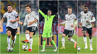 Treten die Reise nach Armenien nicht an: Draxler, Goretzka, Neuer, Reus, Rüdiger (v.l.) © GES-Sportfoto/Collage DFB