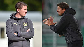 Duell ums Halbfinale: Dortmunds Trainer Tullberg und Hannovers Coach Schmidt (r.) © imago/Getty Images Collage DFB