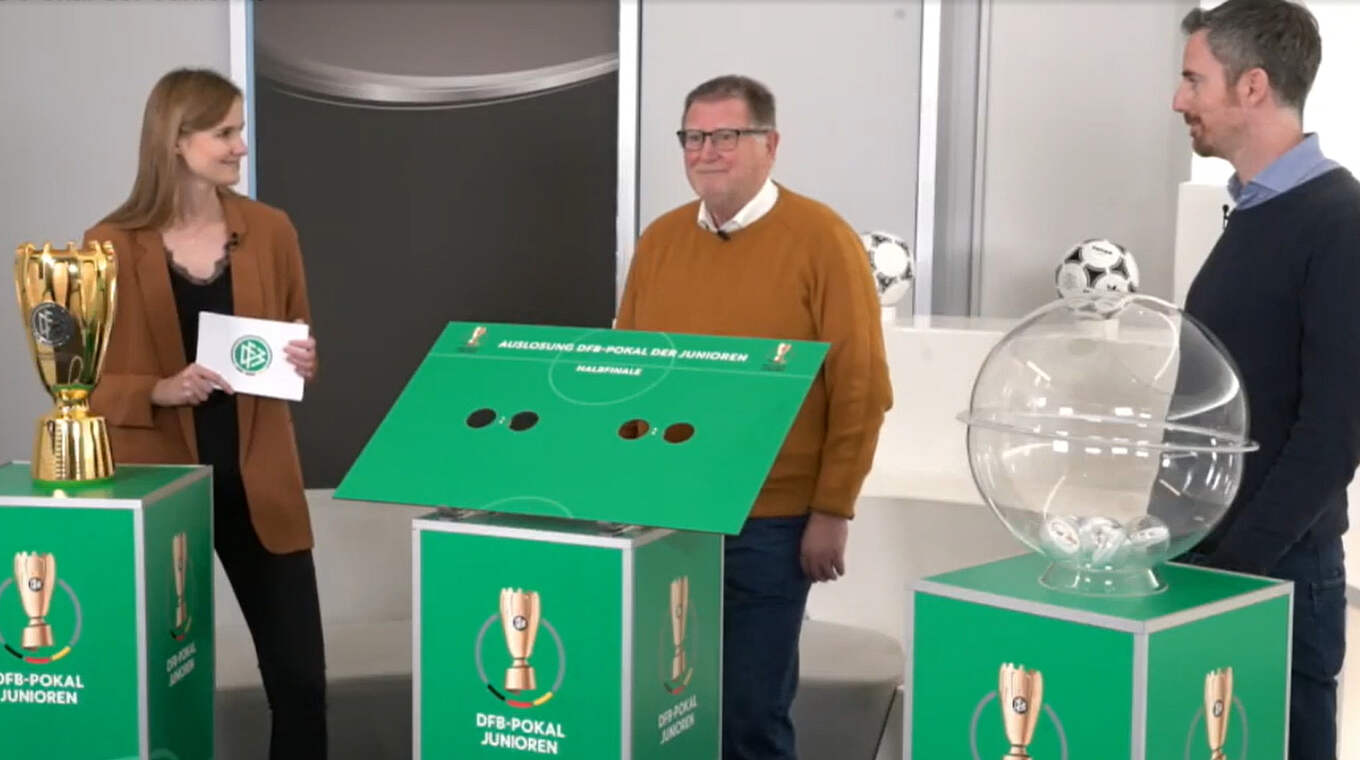 Halbfinale steht fest: Auslosung mit Walter Fricke (M.) und Meikel Schönweitz (r.) © DFB-TV
