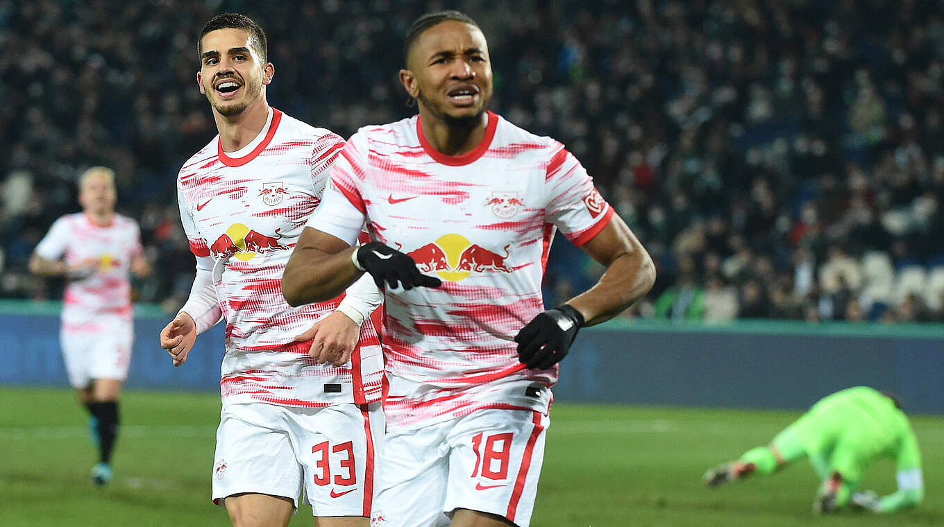 Christopher Nkunku scored two first-half goals to put Leipzig in charge © Imago