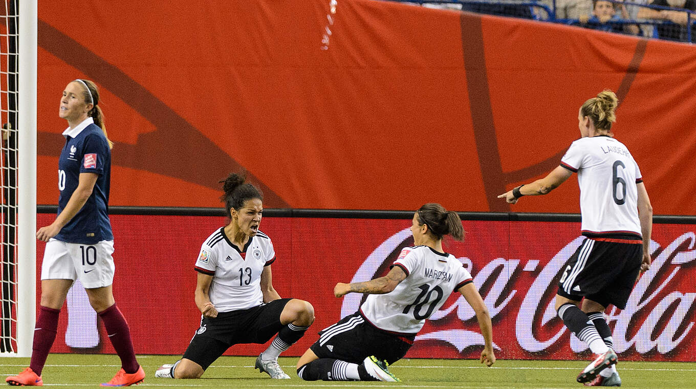 Celia Sasic, Dzsenifer Marozsán und Simone Laudehr (v.l.) im WM-Viertelfinale 2015 © Getty Images