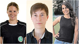 Drei starke Frauen im Fußball: Sabine Stadler, Sandra Liebender und Nejla Akan (v.l.) © privat/Vera Loitzsch/Getty Images/Collage DFB