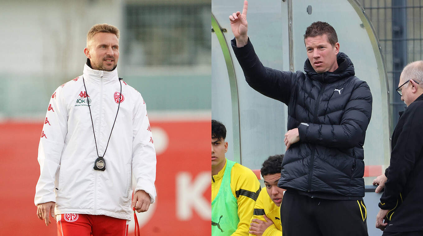 Titelrivalen: Mainz-Coach Benjamin Hoffmann (l.) und BVB-Trainer Mike Tullberg © imago Collage DFB