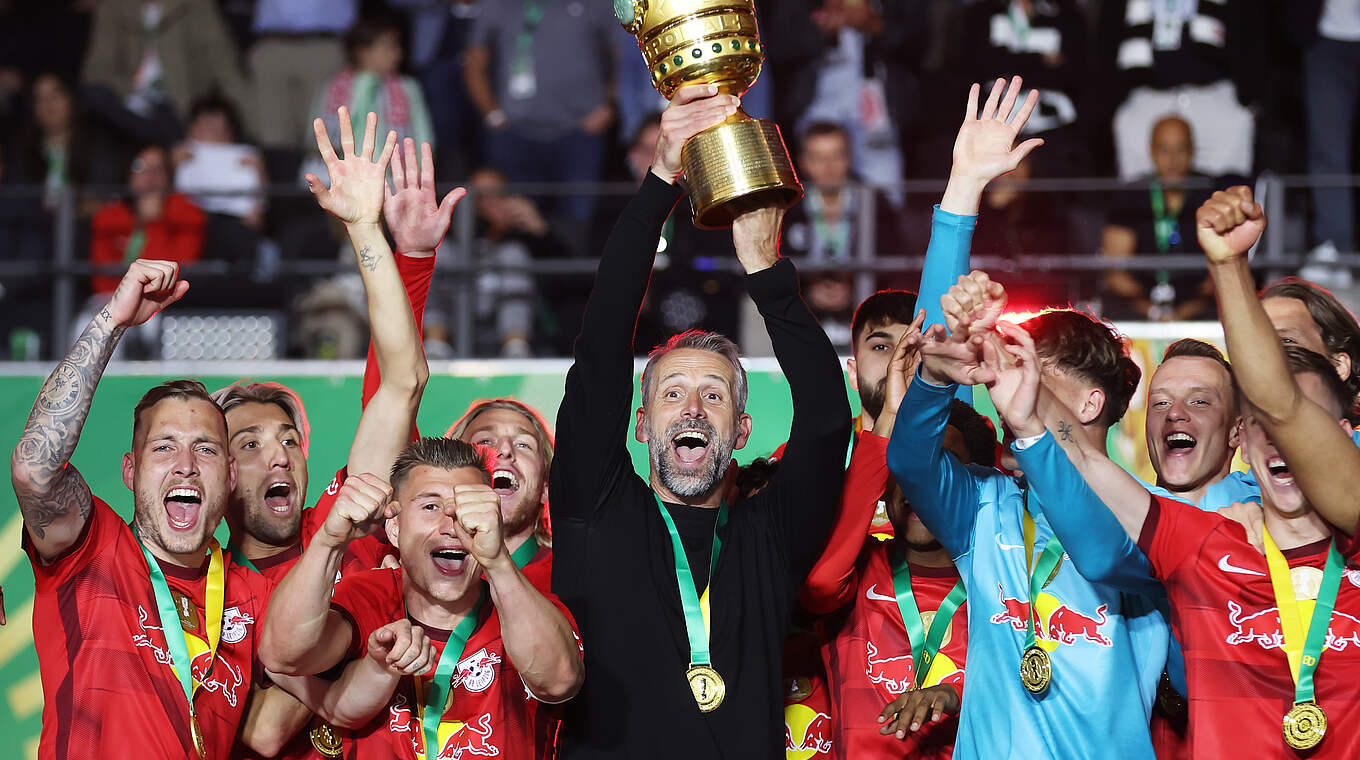 Marco Rose celebrates his first trophy in Germany as a coach  © Getty Images