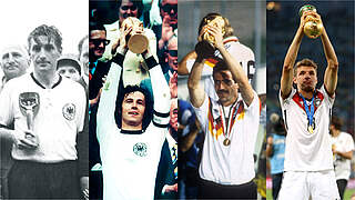 Viermal Weltmeister, viermal in weiß: Deutschlands Standardtrikot © imago Collage DFB