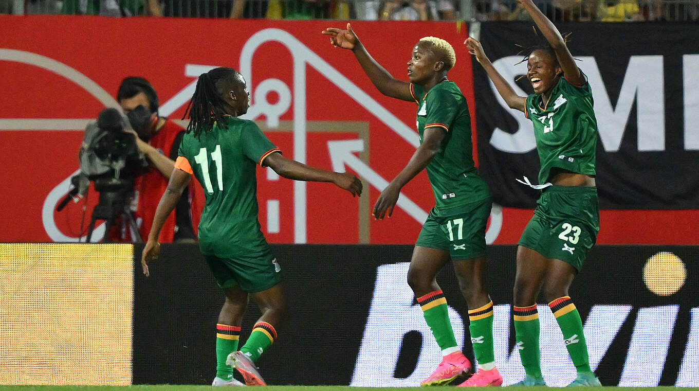 Zambia celebrate one of their three goals. © 