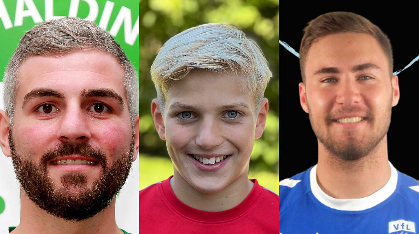 Die drei fairsten Amateure: Sebastian Krieg, Leonhard Biefel, Lukas Früh (v. l. n. r.) © SV Schalding/ Privat/ VfL Pfullingen/ Collage DFB