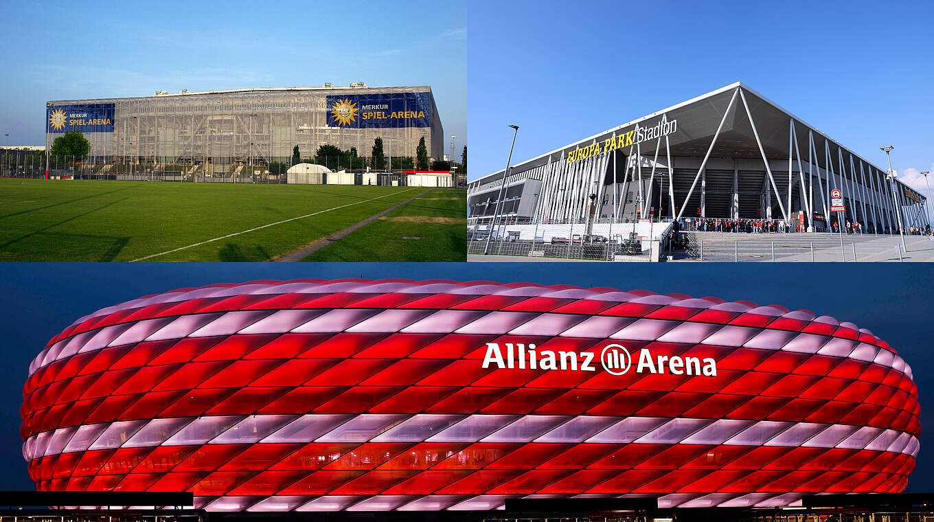 The three venues: the Allianz Arena, the Europa-Park Stadion and the Merkur Spiel-Arena. © Imago Images