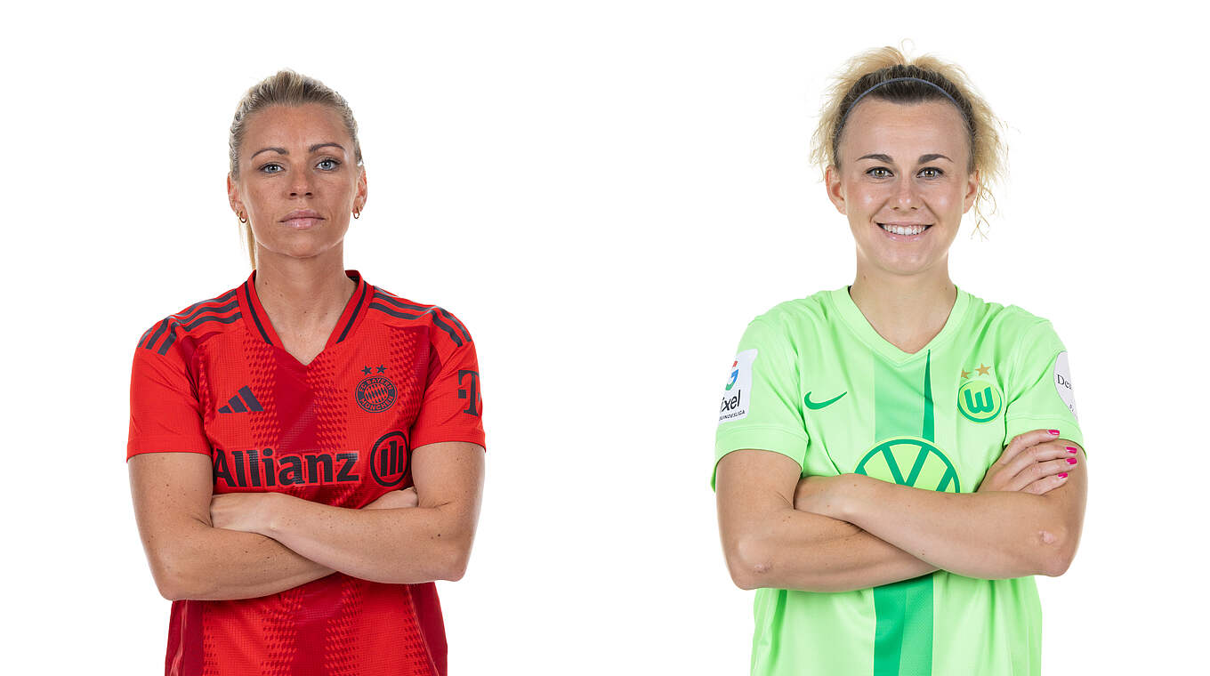 Mit Vorfreude in das erste Pflichtspiel der Saison: Linda Dallmann und Lena Lattwein (v.l.) © DFB/Vera Loitzsch/Getty Images/Collage DFB