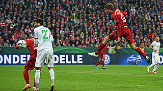 An unmarked Thomas Müller heads Bayern into a first-half lead.  © 2016 Getty Images