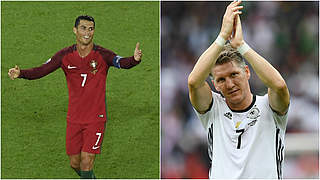 EM-Rekordspieler und sein Verfolger: Ronaldo und Schweinsteiger (v.l.) © Getty Images/DFB