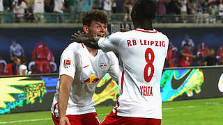 New signings Naby Keita and Oliver Burke celebrate a late winner for RB Leipzig © 