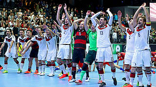 Germany Futsal national team celebrating their win over England on Sunday - will they win again this evening? © 2016 Getty Images