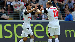 Großer Jubel 2011 in Frankfurt: Chihi (l.) und Podolski schießen Köln zum Sieg  © 2011 Getty Images