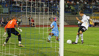 Lukas Podolski scoring his first of four goals last time in San Marino © 