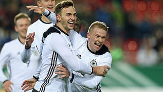 Goalscorers Philipp Ochs and Benedikt Gimber celebrate Germany U20's win.  © 2016 Getty Images