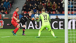 Julian Brandt scores Leverkusen's second goal against RB Leipzig. © imago/Jan Huebner