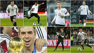 Sieben aus 55: Özil (o.l.), Boateng, Müller, Hummels, Kroos, Neuer und Lahm (u.l.) © GettyImages/DFB