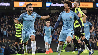 Torschützen für Manchester City unter sich: Leroy Sane (v. r.) und Sergio Aguero (v.l.) © AFP/Getty Images
