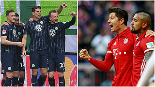 Gomez (3.v.l.) schießt Wolfsburg zum Sieg: Bayern um Lewandowski (2.v.r.) profitiert © Getty Images/Collage DFB