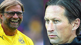 Duell der Trainer: Im Spitzenspiel trifft Jürgen Klopp (l.) auf Roger Schmidt © Bongarts/GettyImages