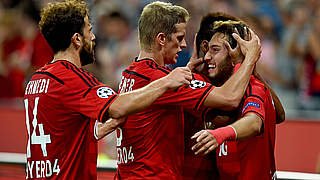 Leverkusen celebrate qualifying for the Champions League group stage © 2015 Getty Images