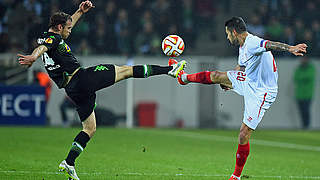 Jantschke battles with Sevilla's Vitolo last February. © 2015 Getty Images