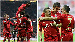 Noch ein Sieg fehlt zu den Rekordbayern 2012 (r.): der FC Bayern München 2015 (l.) © Getty Images