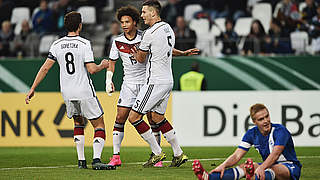 Schalke 04's Leroy Sane opens the scoring for Germany © 2015 Getty Images