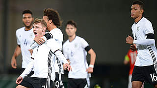 Schalke style celebrations as Max Meyer leads the U21s to a 4-2 victory over Austria  © 2015 Getty Images