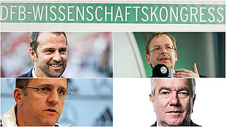 Prominenz beim Wissenschaftskongress: Flick (v.o.l. Uhrzeigersinn), Koch, Frymuth, Meyer © Bongarts/GettyImages/DFB