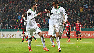 Werder celebrate getting to semi in the BayArena © 2016 Getty Images