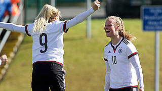 Goalscorers Nina Ehegötz (left) and Franziska Gieseke celebrate together © 2016 Getty Images