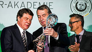 Honoured: Rehhagel (left) is presented with a lifetime achievement award by the DFB © Bongarts/GettyImages