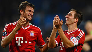 Jubel in Manchester: Jetzt wollen Lahm (r.) und Müller auch in Leverkusen siegen © Bongarts/GettyImages